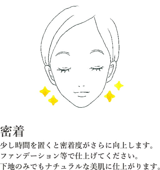 密着:少し時間を置くと密着度がさらに向上します。ファンデーション等で仕上げてください。下地のみでもナチュラルな美肌に仕上がります。